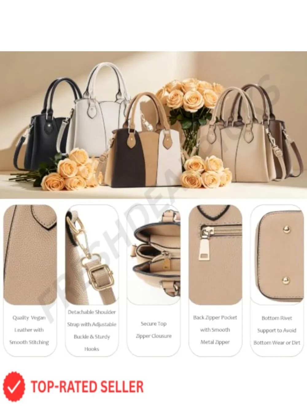 Women's Vegan Leather Crossbody Satchel Handbag Tote with Zipper Top Handle